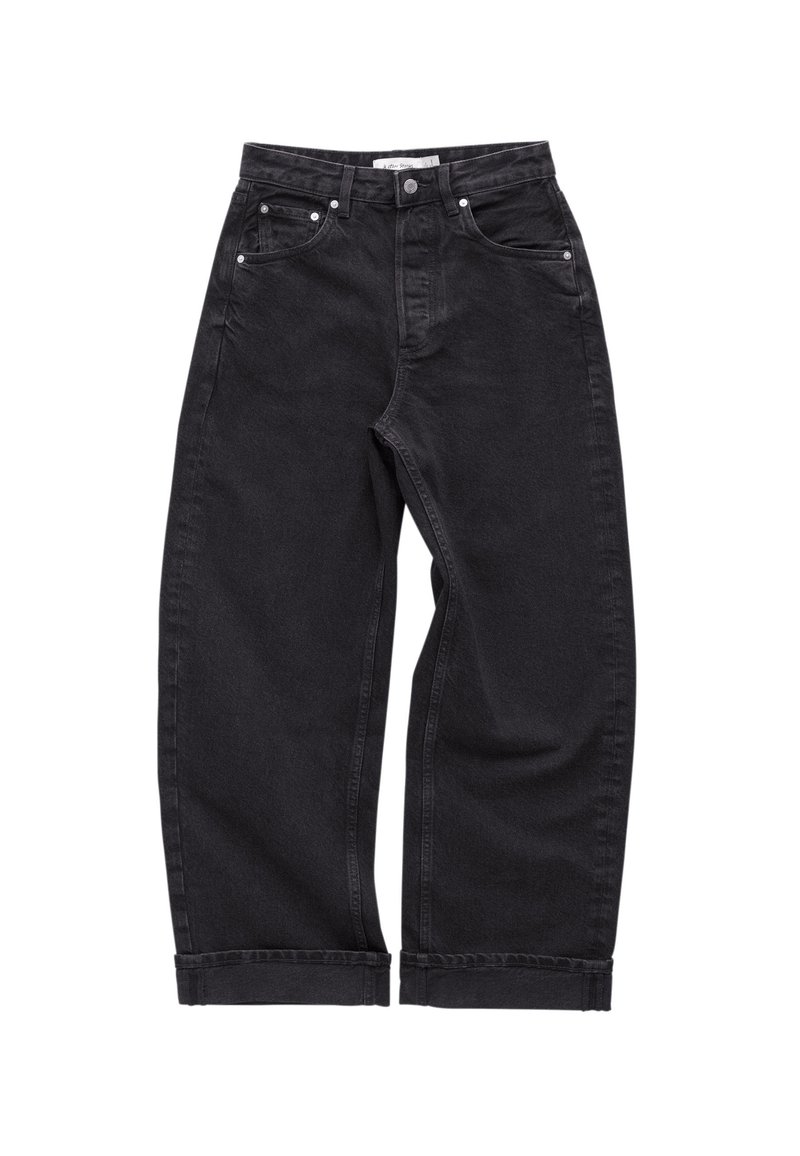 Black denim pants with a loose fit, featuring five pockets, metal button and rivets, and rolled cuffs for a casual look.