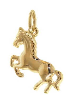 Goldener Pferdeanhänger mit einem aufbäumenden Pferd mit detaillierter Mähne und Schweif, befestigt an einer kleinen Öse für eine Halskette.