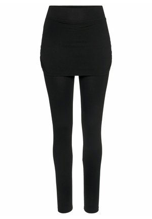 Zwarte legging met een geïntegreerde zwarte minirok. De stof is rekbaar met een soepele textuur. Beschikt over een brede, elastische tailleband.