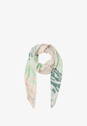 Sciarpa di seta in crema e verde con motivi astratti, caratterizzata da una texture morbida, estremità triangolari e sottili accenti neri.