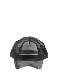 Black camouflage trucker cap with mesh back, curved brim, adjustable snap closure, and contrasting stitching details.
