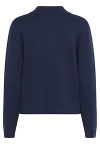 Dunkelblauer Strickpullover mit Kragen und langen Ärmeln. Glatte Textur und ein einfaches, klares Design, ohne Muster oder Akzente.