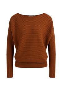 Randig långärmad tröja i en rik bränd orange färg. Har en vid halsringning och en avslappnad passform med ribbat mönster genom hela plagget.