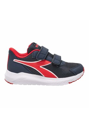 Scarpe sportive navy e rosse con parte superiore in rete, due cinturini in Velcro, suola intermedia bianca e suola con motivo per una migliore aderenza.