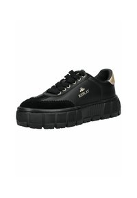 Black platform sneakers featuring a mix of smooth and suede textures, laces, gold accents, and a chunky rubber sole for stability.