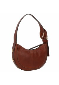 Borsa a tracolla in pelle marrone con forma curva, finiture in metallo dorato e chiusura con zip. Dotata di una tracolla regolabile e removibile.