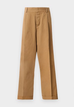 Light brown wide-leg pants with belt loops, front zipper, and cuffed hems against a plain white background.