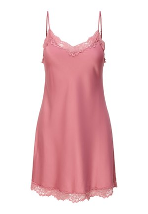 Robe nuisette en satin rose avec fines bretelles, bordure en dentelle au niveau du décolleté et de l'ourlet, présentée sur fond blanc.
