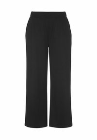 Zwarte wijde broek gemaakt van een gladde stof. Heeft een hoge tailleband en zijzakken, wat zorgt voor een ontspannen pasvorm en een moderne silhoutte.
