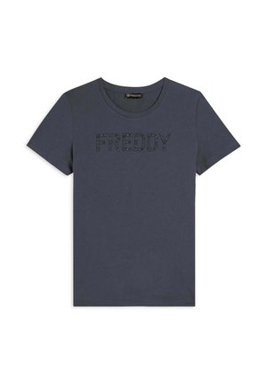 T-shirt in cotone blu navy con scollatura rotonda e maniche corte. Presenta la scritta "FREDDY" in un design in rilievo e testurizzato.