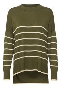 Olijfgroen gebreid trui met witte horizontale strepen, ronde halslijn, verlengde schouders en een iets langere achterkant.