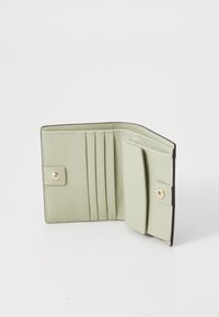 Light green leather wallet with a pebbled texture, featuring multiple card slots, a coin pocket, and gold-tone hardware accents.