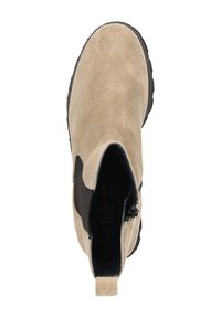 Beige Wildleder-Stiefelette mit schwarzen elastischen Einsätzen, runder Schuhspitze und strukturiertem Gummisohle. Reißverschlussdetail auf einer Seite.