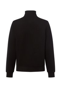 Zwarte sweatshirts met een hoge kraag, ribgebreide manchetten en een relaxte pasvorm. Gladde textuur zonder zichtbare patronen of hardwaredetails.