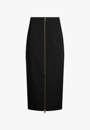 Black pencil skirt with a front zipper closure, tailored design, knee-length, and made from a smooth fabric with slight texture. Gold hardware accent.
