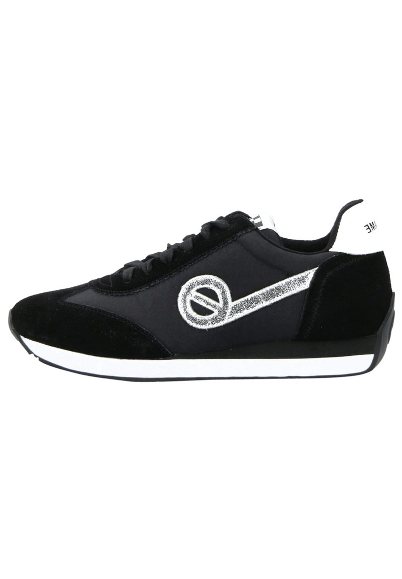 Black sneaker with suede and textile materials, featuring a silver logo design, round toe, lace-up closure, and white rubber sole.