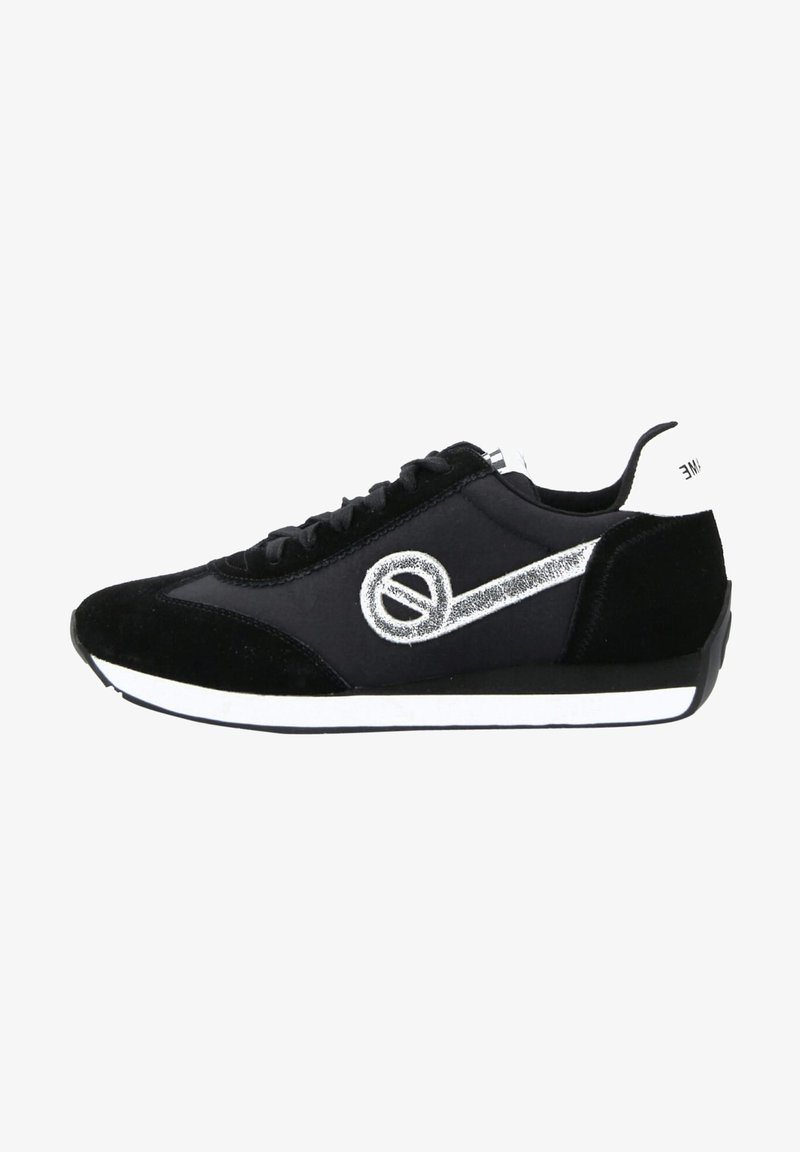 Black sneaker with suede and textile materials, featuring a silver logo design, round toe, lace-up closure, and white rubber sole.