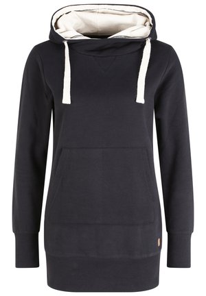 Mörk marinblå hoodies med en krämfärgad fleecefodrad huva och dragsnören. Har en framficka och ribbade ärmslut, tillverkad av mjukt material.