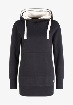 Tumšzila kapucēta sporta krekla ar krēmveida oderi kapuce un šnoru. Iespējams, priekšējā kabata un ribota aproce, izgatavots no mīksta auduma.