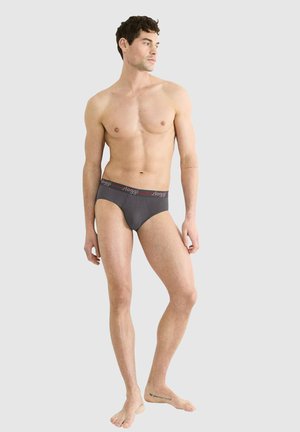 Shirtless man standing barefoot, wearing dark gray briefs with branded waistband, looking to the side against a plain light background.