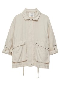 Veste décontractée beige clair avec large col, manches retroussables, deux grandes poches avant à rabat, boutons-pression et ourlet avec cordon de serrage.