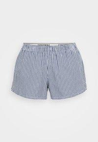 Navy en witte geruite katoenen shorts met een elastische tailleband en merkdetail. Heeft een ontspannen fit en een recht model.