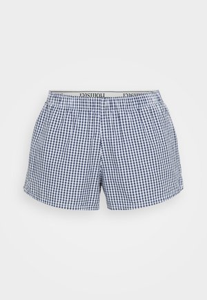 Pantaloni scurți din bumbac în carouri albastre și albe, cu un elastic la talie și detalii de branding. Prezintă o croială relaxată și un design cu picioare drepte.