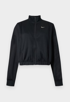 Μαύρο cropped μπουφάν με μακριά μανίκια, φερμουάρ, ψηλό γιακά και λευκό λογότυπο Nike Swoosh στο αριστερό στήθος.