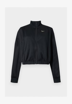 Μαύρο cropped μπουφάν με μακριά μανίκια, φερμουάρ, ψηλό γιακά και λευκό λογότυπο Nike Swoosh στο αριστερό στήθος.
