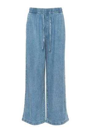 Svetlomodré denim široké nohavice s elastickým pásom a šnúrkou. Majú jemnú textúru a uvoľnený, voľný strih.