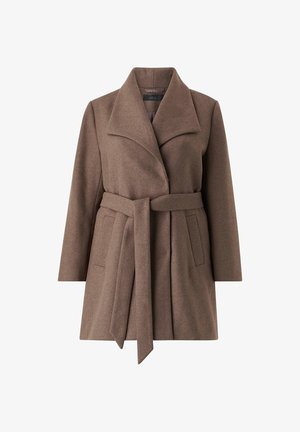 Brauner Wollmischungs-Mantel mit tailliertem Design, großem Kragen, langen Ärmeln und zwei seitlichen Taschen. Glatte Textur und eleganter Schnitt.