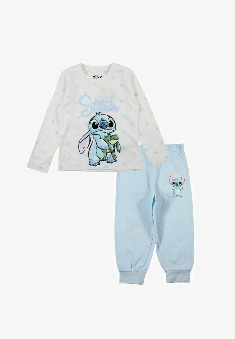 Ensemble de pyjama en coton comprenant un haut à manches longues blanc avec des pois multicolores et un bas bleu. Le haut affiche Stitch tenant une grenouille.