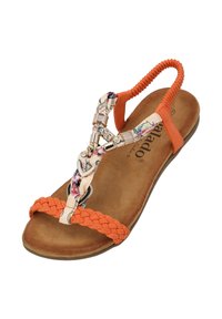 Orangenes Sandalenmodell mit geflochtenen Riemen und Blumenmuster-Details, ausgestattet mit einer gepolsterten Innensohle und flexiblem Gummi-Außensohle.