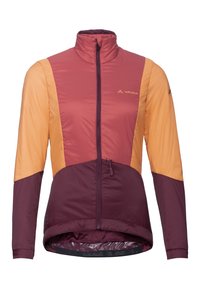 Jacket Vaude s designem v barvách fialové, oranžové a burgundské, vyrobený z lehkého materiálu, s plným zipem a vysokým límcem.