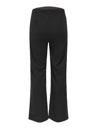 Schwarze, hochtaillierte, weit geschnittene Hosen mit glatter Vorderseite und ohne sichtbare Verschlüsse, vor weißem Hintergrund präsentiert.