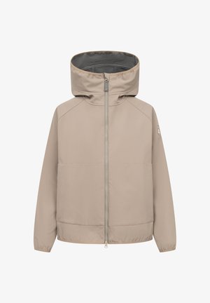 Světlobéžová kapucí vybavená bunda s celopropínacím zipem vpředu, elastickými manžetami a měkkou vnitřní podšívkou, zobrazena na jednobarevném bílém pozadí.