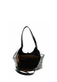 Sac à bandoulière en cuir noir avec deux poignées, ouverture sur le dessus et poche zippée intérieure. Texture lisse et design simple et incurvé.