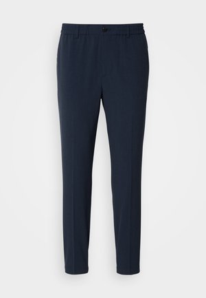 Marineblaue, gerade geschnittene Hose mit elastischem Bund, ausgestattet mit einem vorderen Knopfverschluss und einer glatten Stofftextur.