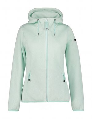 Hellmintgrüne, strukturierte Reißverschlussjacke mit Kapuze, verstellbaren Kordeln und Reißverschlusstaschen an den Seiten, speziell für Frauen entworfen.