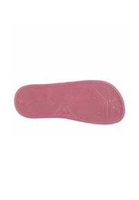 Suela de zapato de goma rosa con patrón de relieve texturizado que presenta diseños geométricos y un logo en relieve. Superficie de agarre suave para tracción.