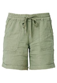 Pantaloni corti in lino verde con vita elastica, cordoncino regolabile e due tasche frontali, caratterizzati da orli arrotolati per un look casual.