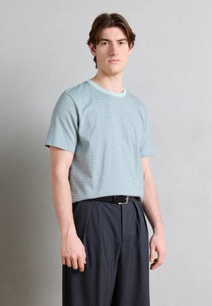 Jeune homme aux cheveux bruns portant un t-shirt rayé bleu clair et un pantalon plissé foncé, debout devant un fond gris uni.