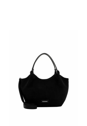 Zwarte handtas met twee korte handvatten en een lange verstelbare band, met een klein rechthoekig logoplaatje aan de voorkant.