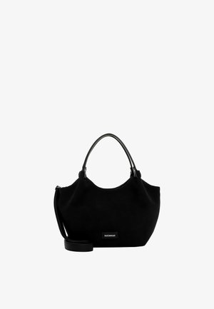 Sac à main noir avec deux poignées courtes et une longue bandoulière réglable, arborant une petite plaque rectangulaire avec logo sur le devant.