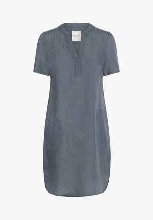 Kortärmad, grå linneklänning med V-ringning och sidfickor. Löst snitt med en subtil textur och sydda detaljer.