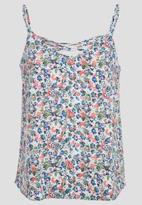 Camisole fleurie à fines bretelles. Présente un mélange de fleurs rouges, bleues et vertes sur un fond clair. Matière douce avec une coupe décontractée.