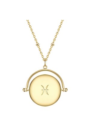 Goldener runder Anhänger an einer verknüpften Kette, mit einem erhobenen Fische-Symbol, glatter Oberfläche und einer geschwungenen Oberkante über dem Kreis.