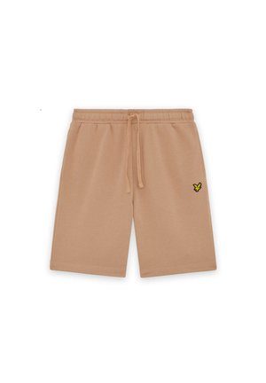 Beige knielange shorts met een elastische tailleband, trekkoorden, zijzakken en een klein geel vogellogo op het rechterbeen.