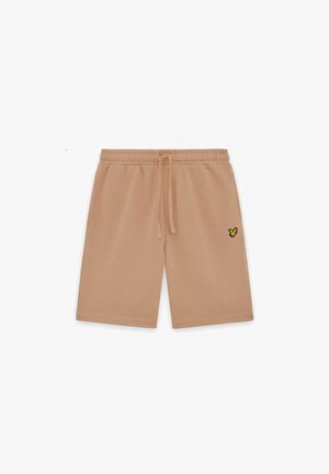 Beige knielange shorts met een elastische tailleband, trekkoorden, zijzakken en een klein geel vogellogo op het rechterbeen.