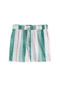 Svītroti peldbikses ar vertikālām zaļas, rozā un baltas krāsas joslām. Izgatavotas no viegla auduma ar elastīgu jostasvietu un auklu.